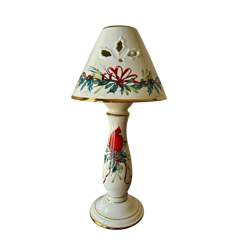 Vintage Lenox Holiday Winter Greetings Ceramic Candlestick Lamp & Shade 14"